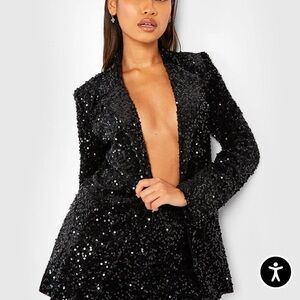 Boohoo Plus Black Velvet Sequin Blazer Size 22